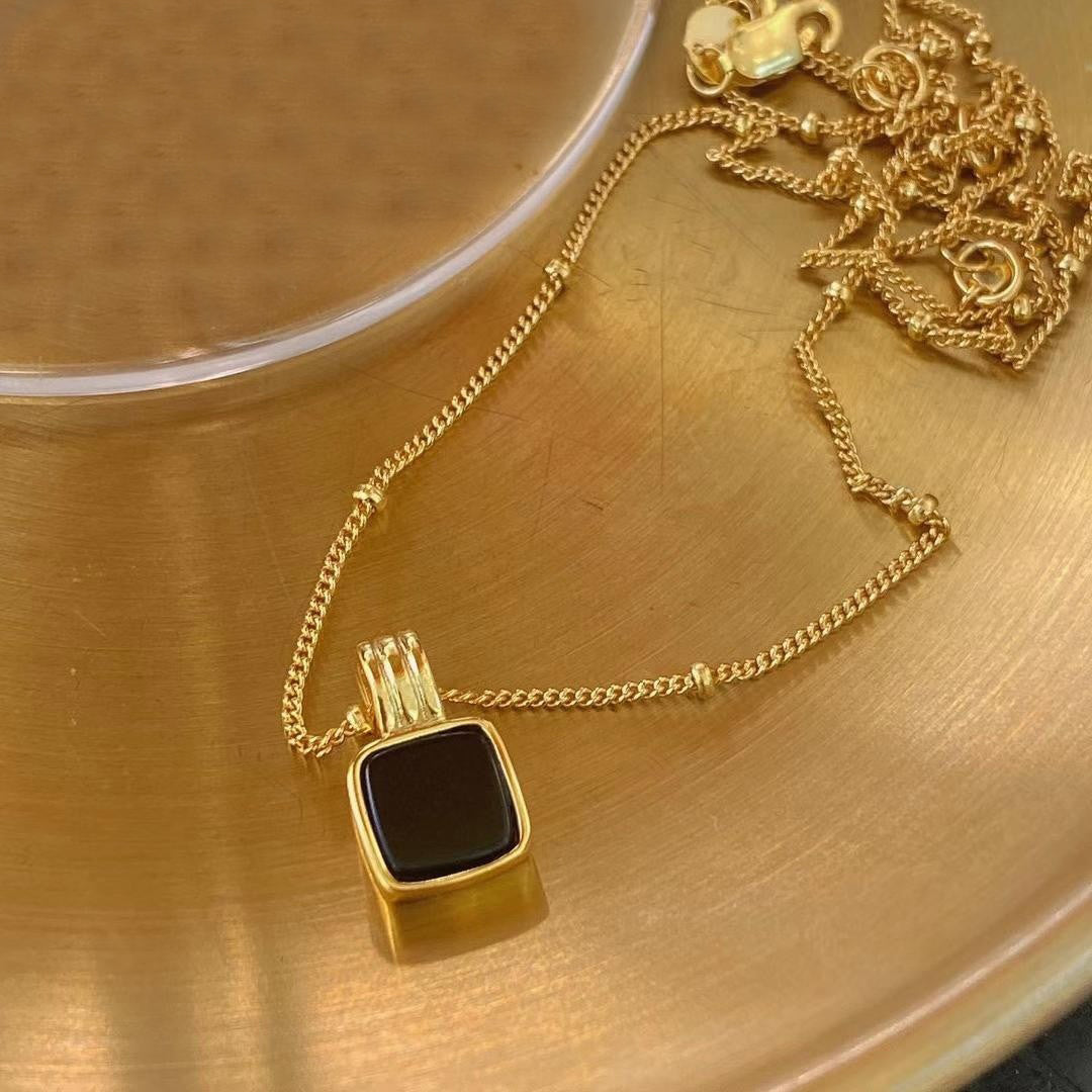 Onyx Black Square Pendant Station Ball Chain Necklace