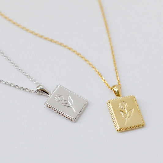 Flower Engraved Square Charm Necklace