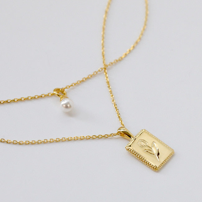 Flower Engraved Square Charm Necklace