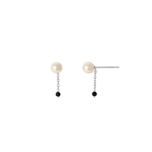 Pearl Ball Thread Black Stone Dangle Stud Earrings