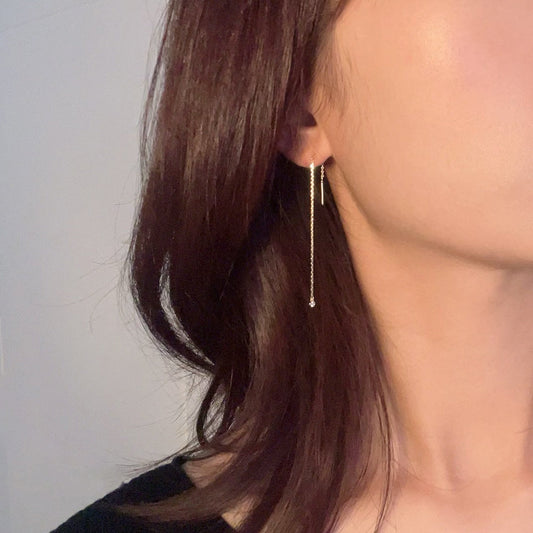 Long Thread Chain Bezel CZ Earrings