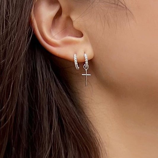 CZ Hoop with Dangle Cross Earrings