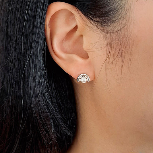 Half Circle Arch Pearl Ball Stud Earrings