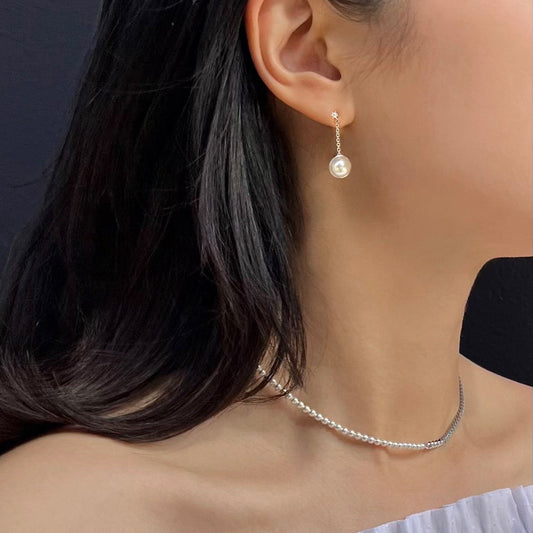 CZ Stud Thread Chain Freshwater Pearl Half Ball Earrings
