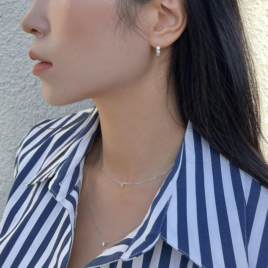 3 Cubic Zirconia Bezel 925 Silver Hoop Earrings