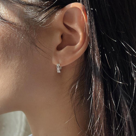 4 Cubic Zirconia Bezel 925 Silver Hoop Earrings