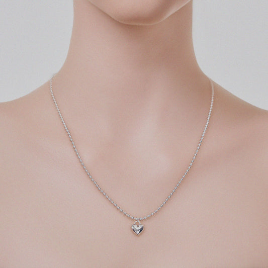 Puffed Heart Ball Chain Solid 925 Silver Necklace