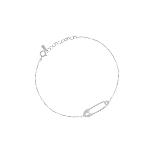Safety Pin Cubic Zirconia CZ Charm Solid Silver Bracelet
