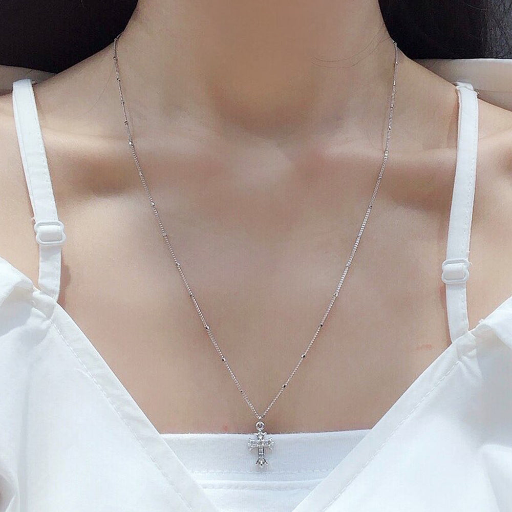 Cross Pendant Long Station Dot Chain Necklace