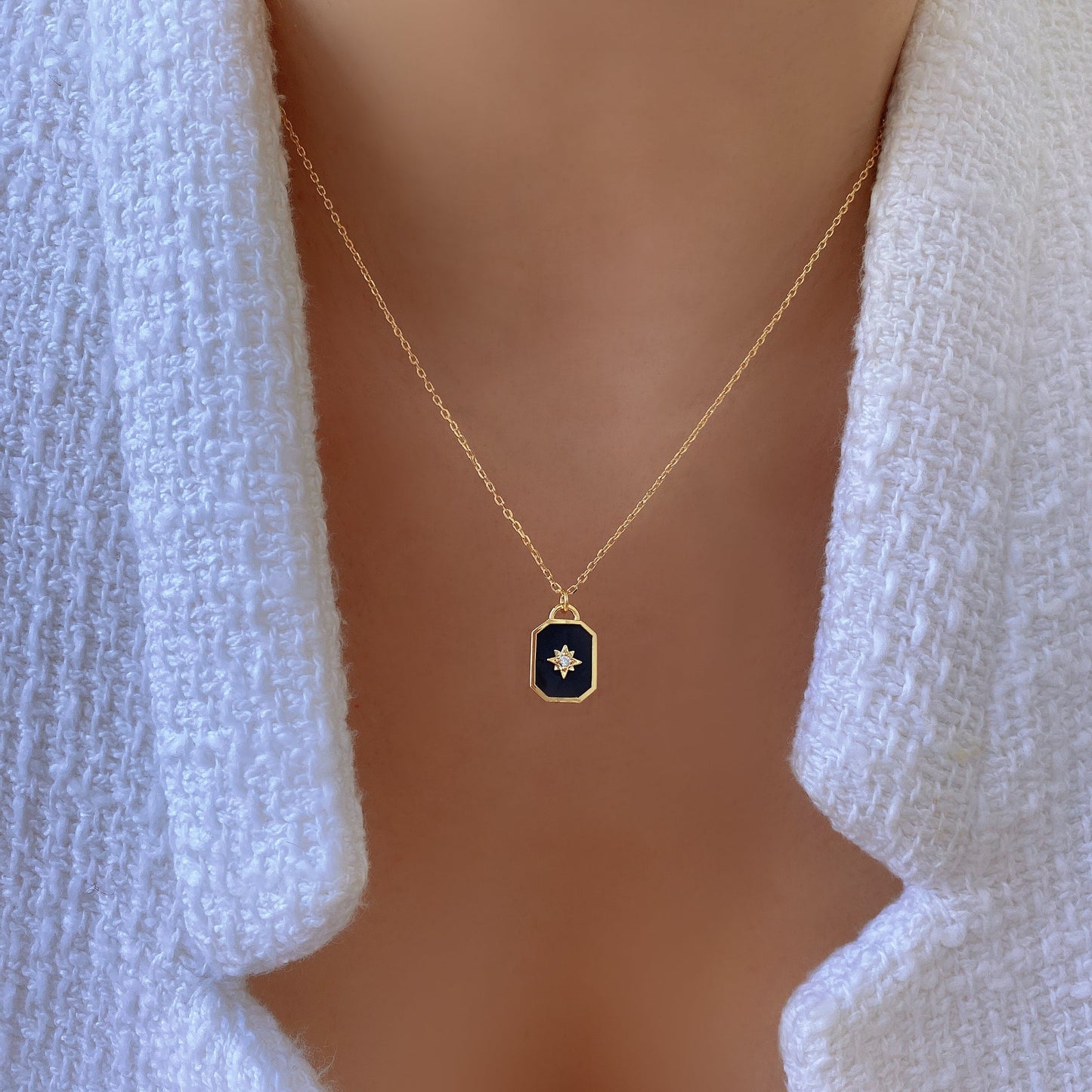 Square enamel black Pendant 925 Necklace
