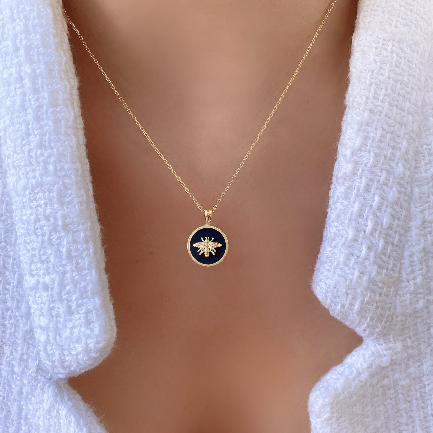 Bee Coin Pendant Black White Gold Circle Necklace