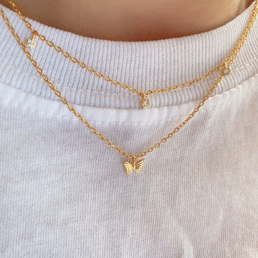 Layered Necklace Set Butterfly CZ Tiny Charm