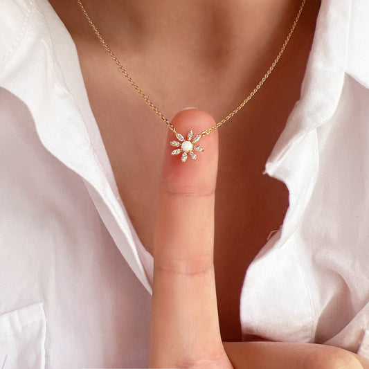 Flower CZ Charm Opal Stud Necklace