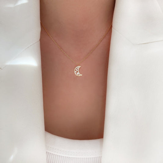 Crescent Moon Necklace Cubic Zirconia CZ Stone