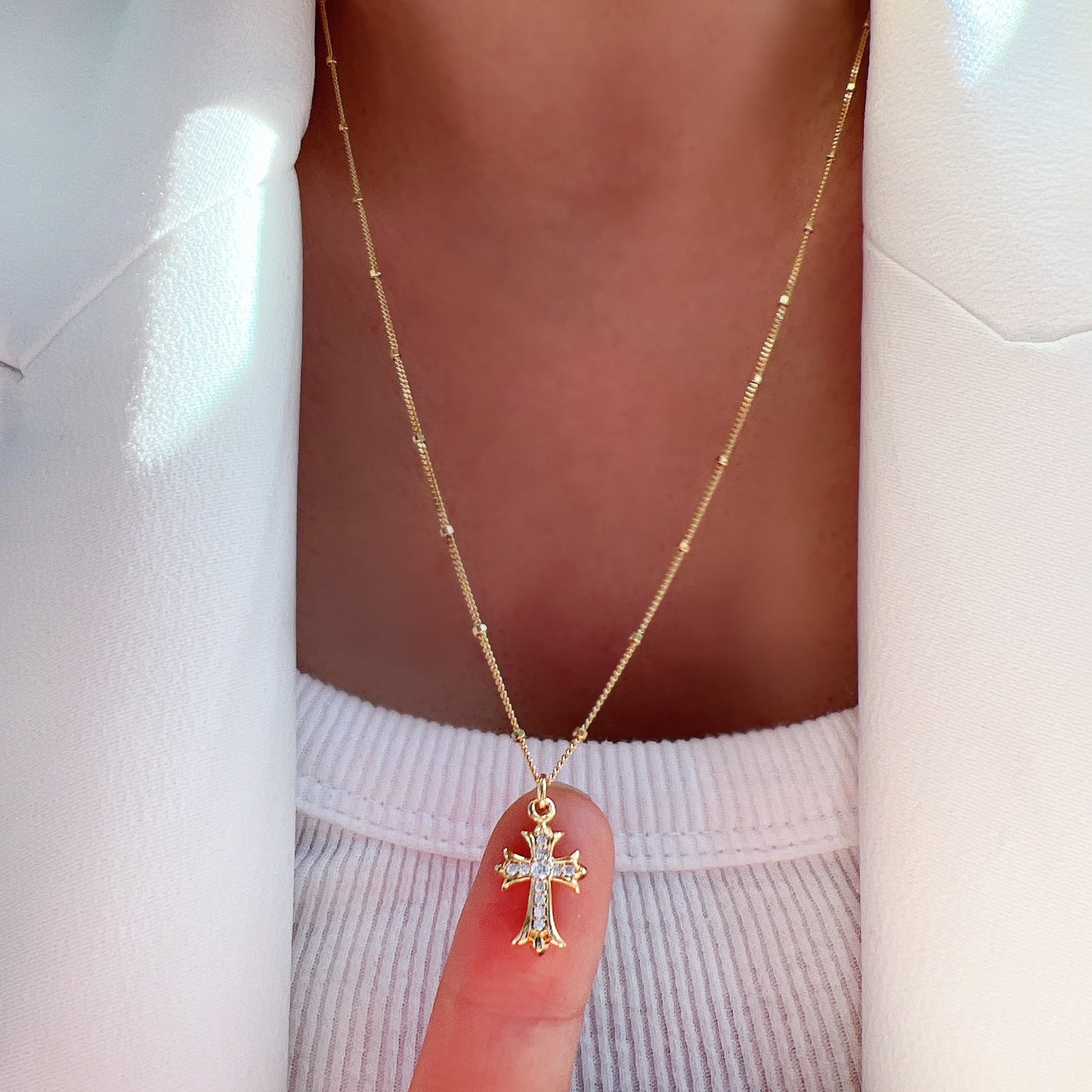 Cross Pendant Long Station Dot Chain Necklace