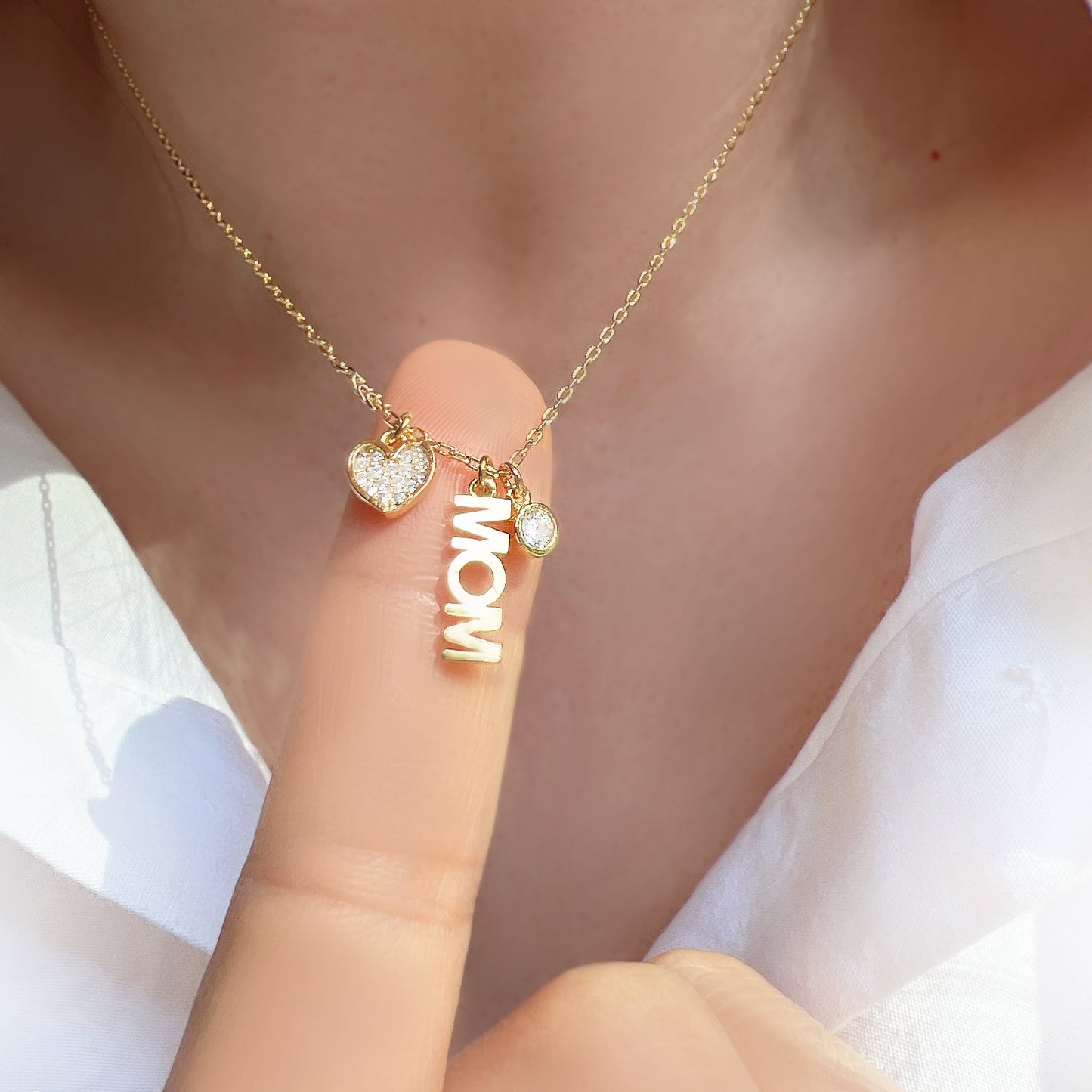 Mom Letter Heart Cubic Zirconia 3 Charms Necklace