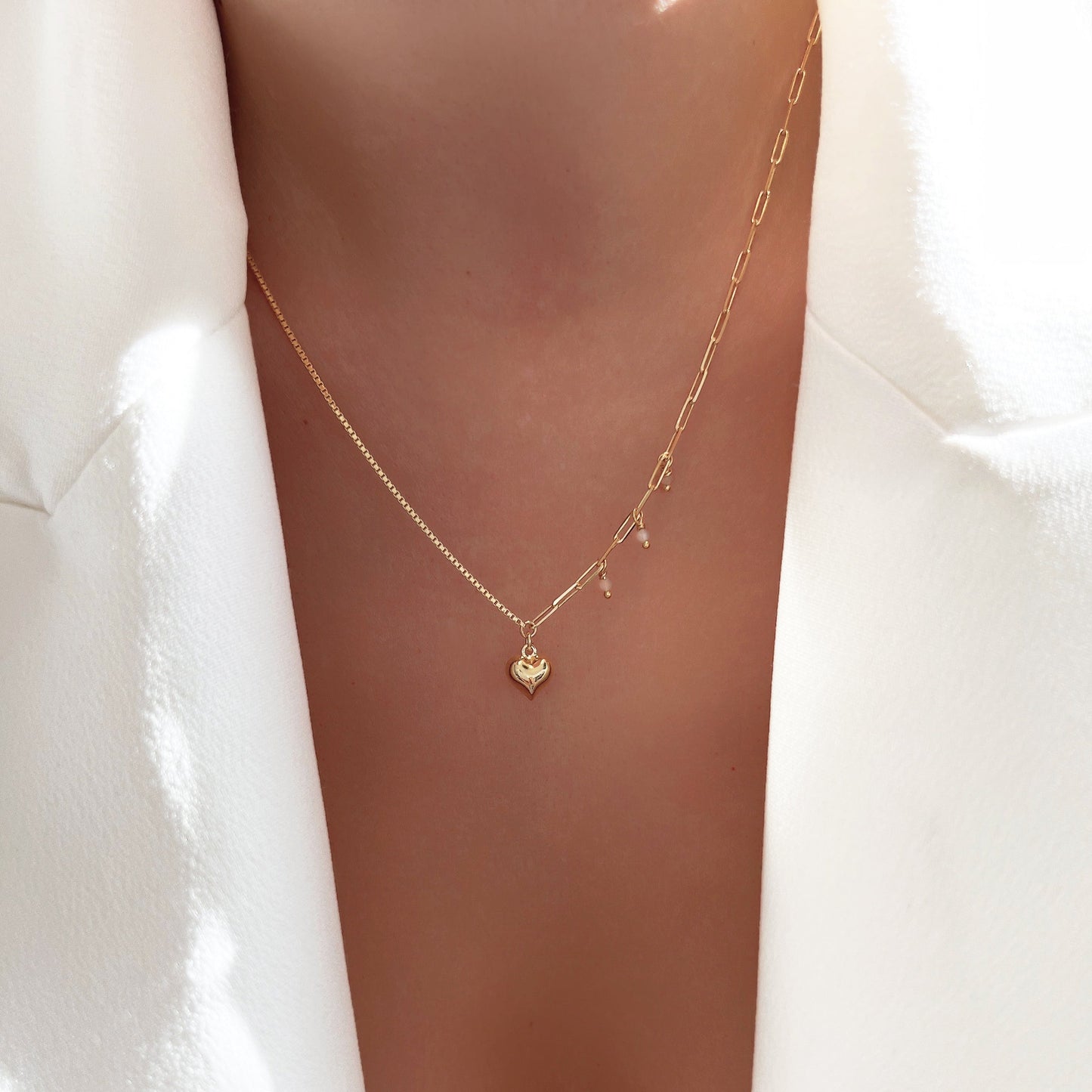 Half Box Chain Half Paperclip Chain Bold Heart Pendant Necklace
