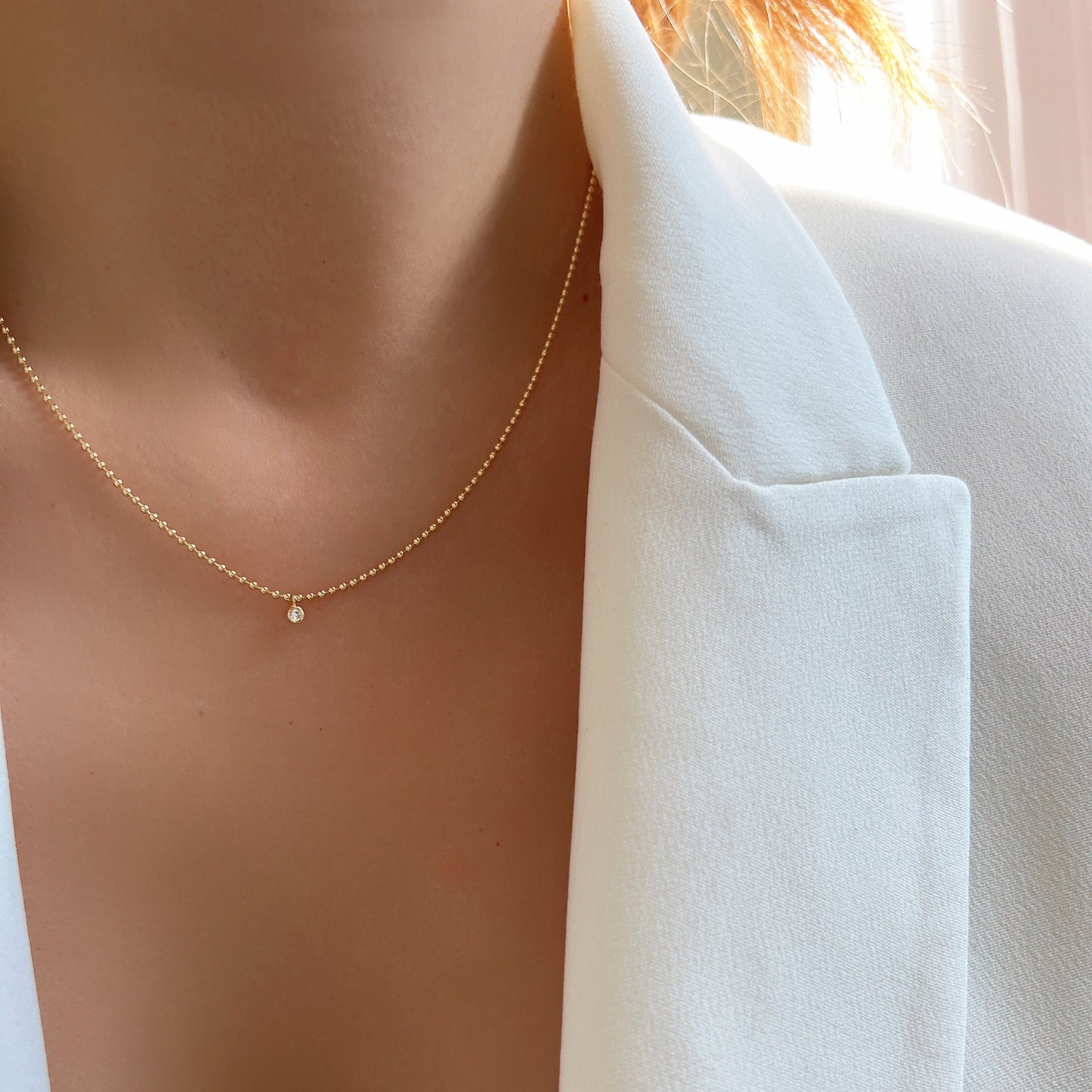 Tiny Dot Ball Chain CZ Bezel Charm Necklace