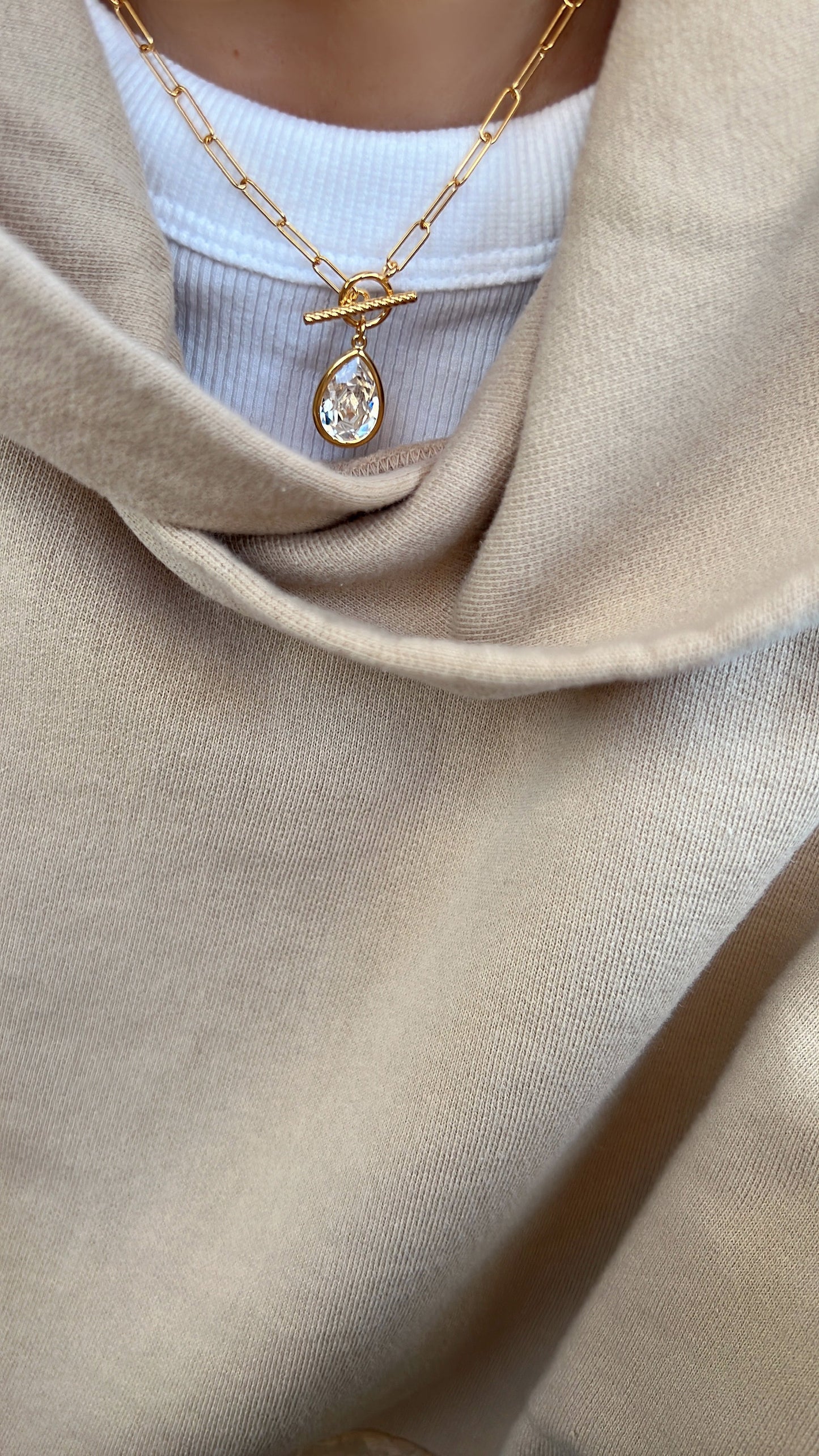 Toggle Oval CZ Charm Paperclip Chain