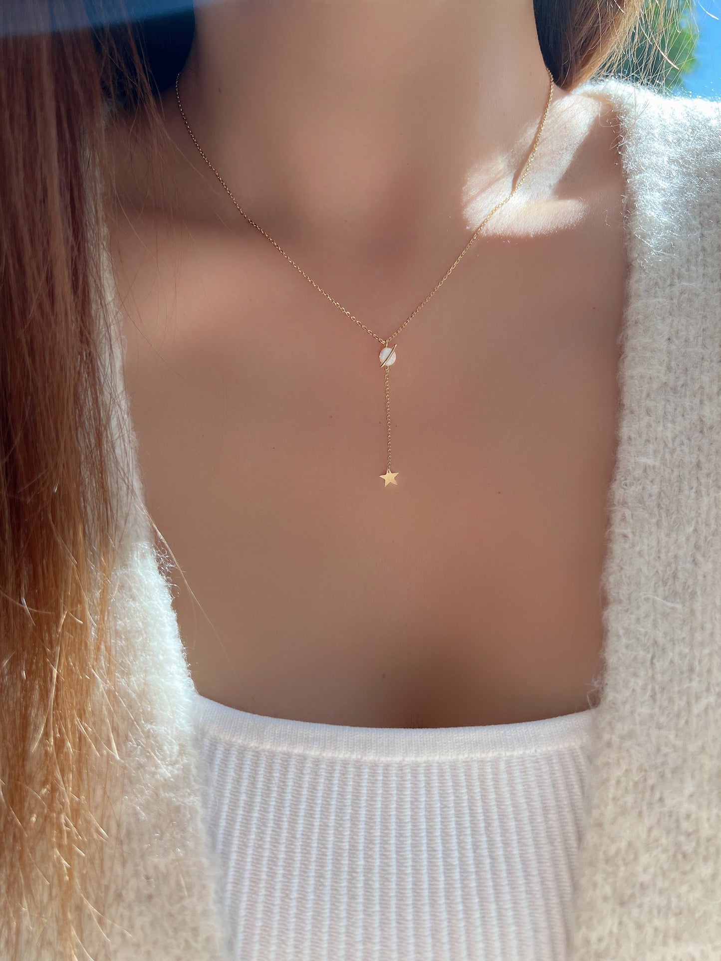 Opal Stone Belt Stud Y Lariat Dangle Star Charm Necklace