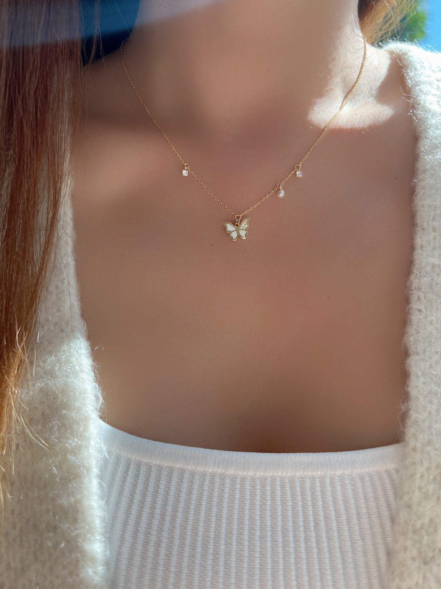 Butterfly Enamel CZ Stone Pearl Charm Necklace