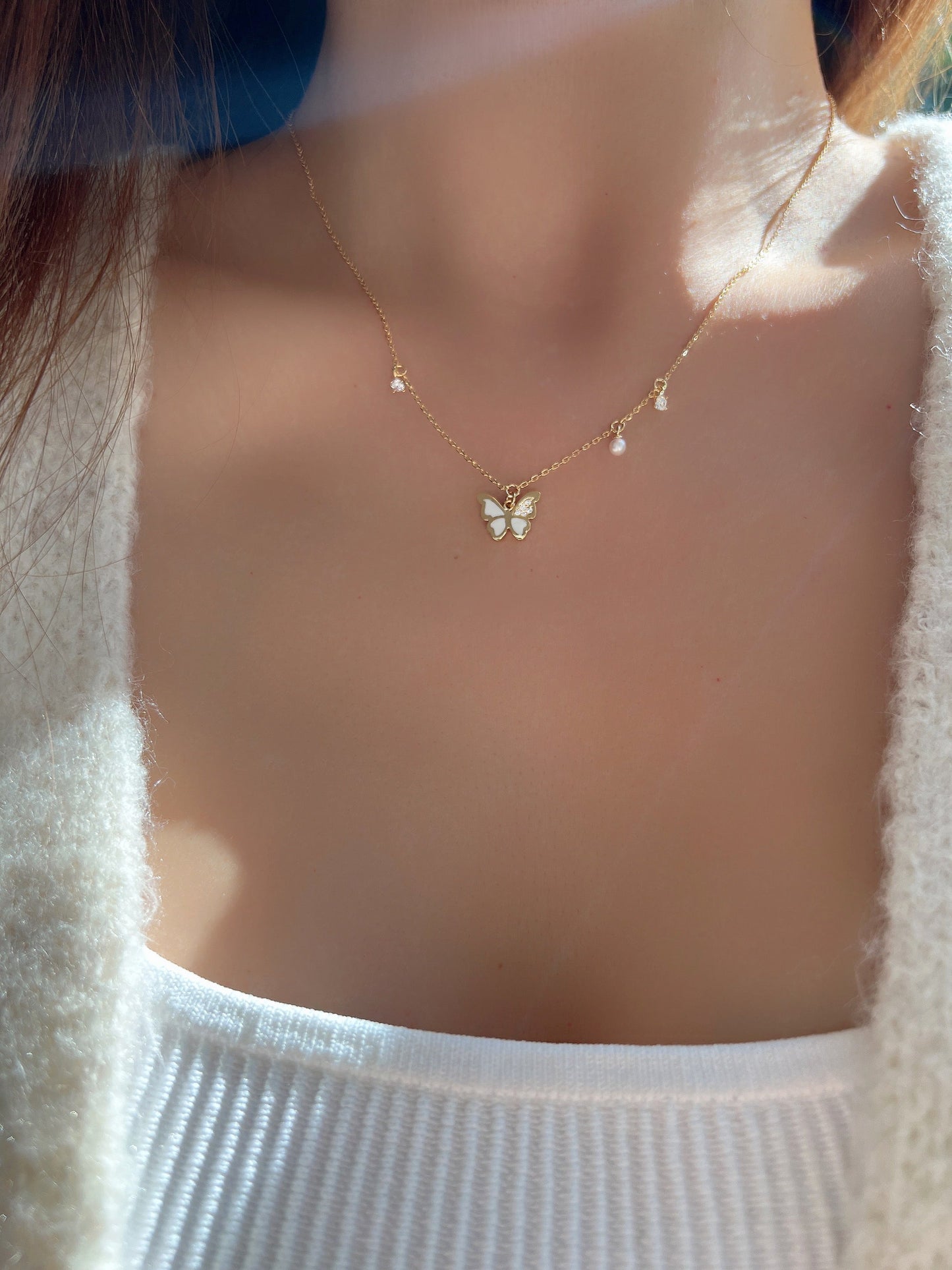 Butterfly Enamel CZ Stone Pearl Charm Necklace