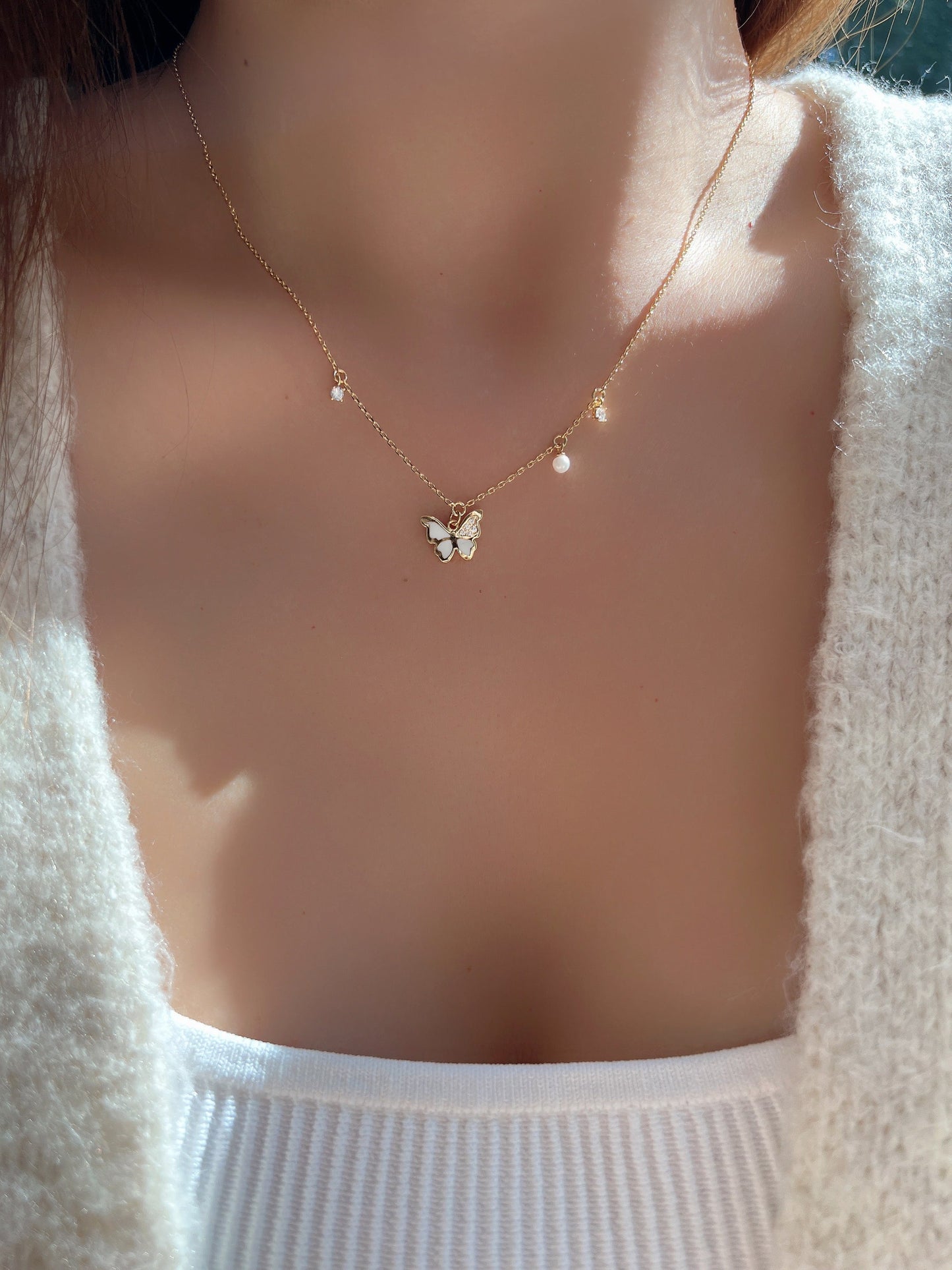 Butterfly Enamel CZ Stone Pearl Charm Necklace