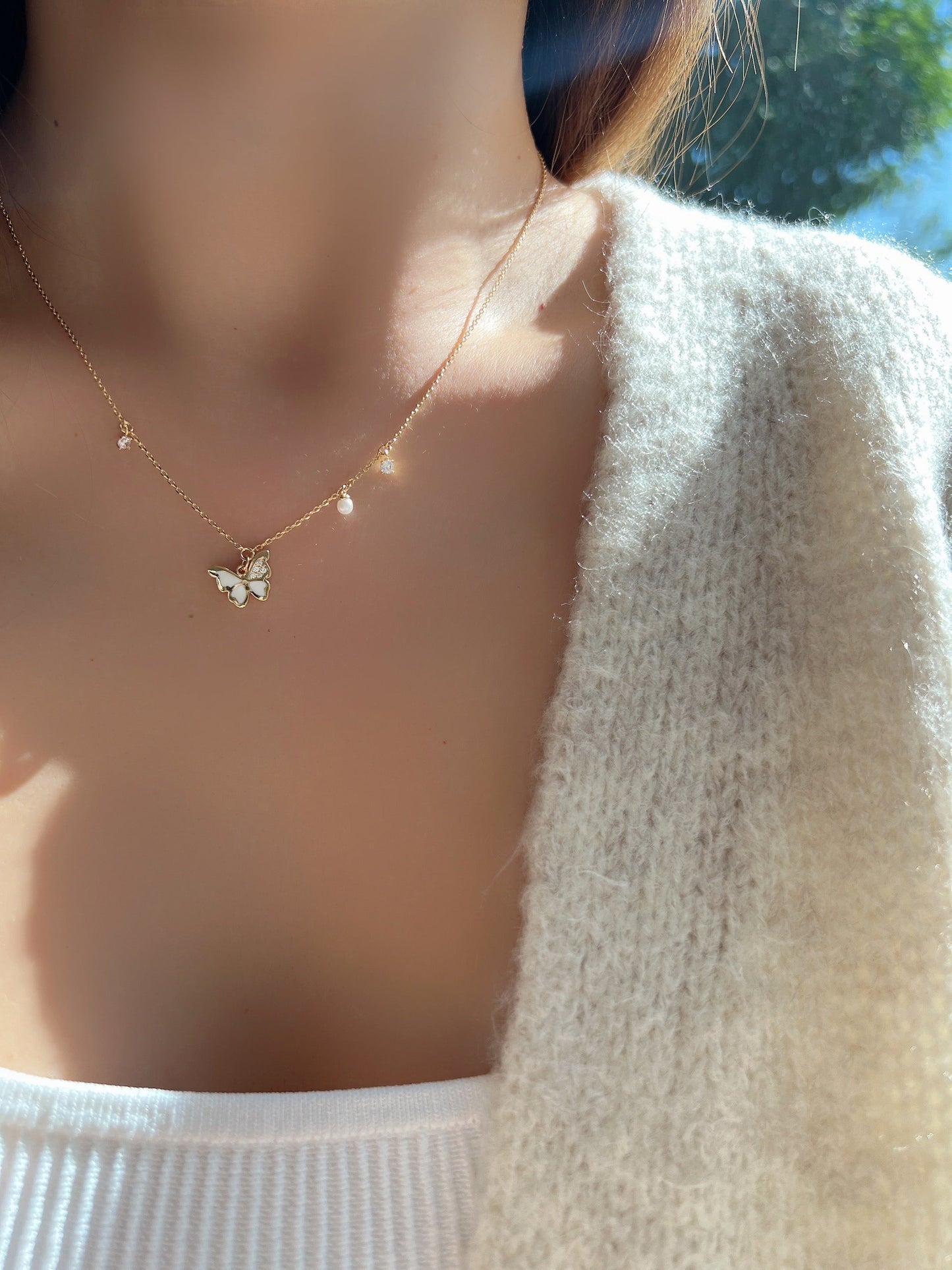 Butterfly Enamel CZ Stone Pearl Charm Necklace