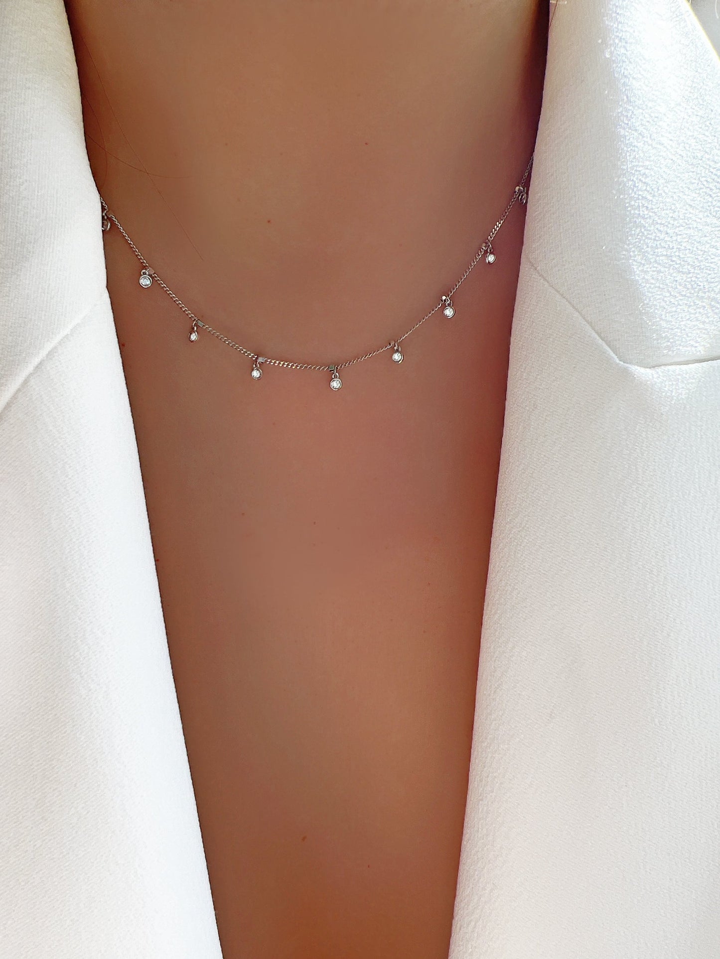 Bezel Cubic Zirconia Charm Station Necklace