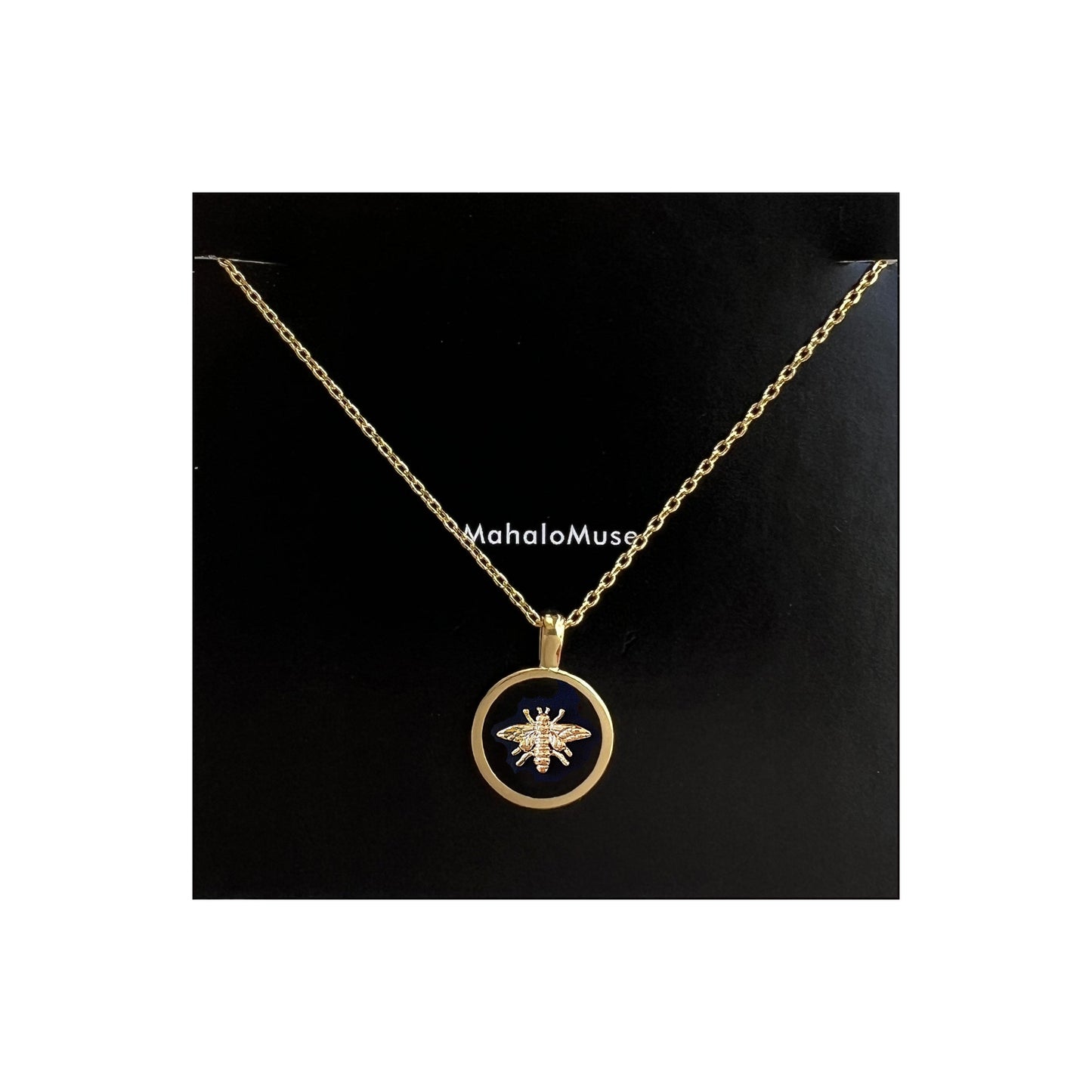 Bee Coin Pendant Black White Gold Circle Necklace
