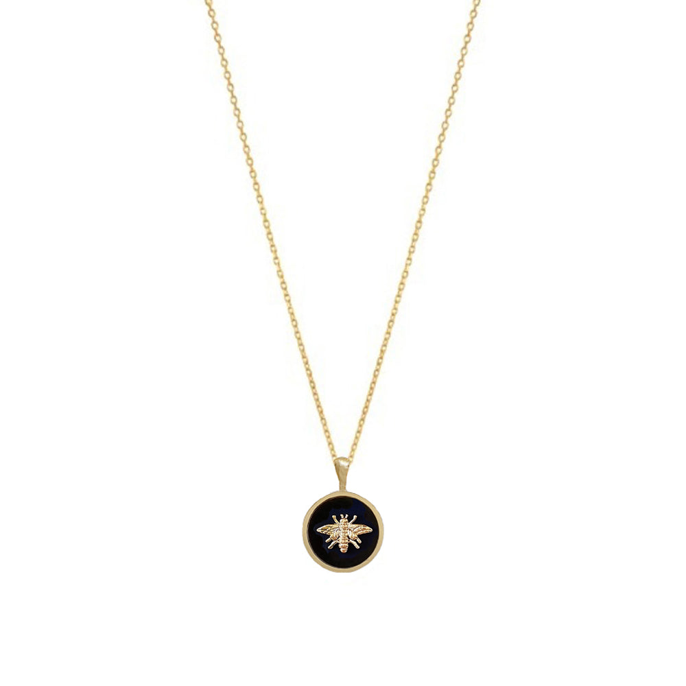 Bee Coin Pendant Black White Gold Circle Necklace