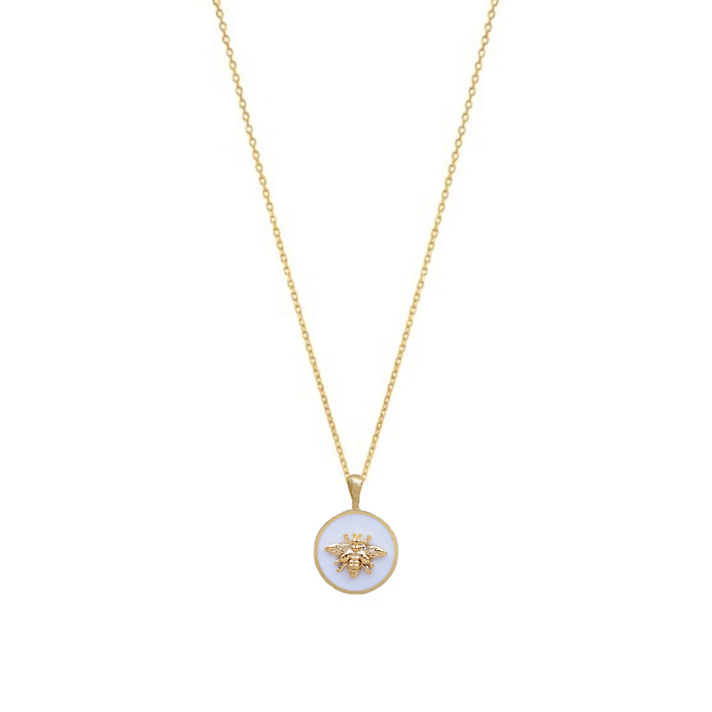 Bee Coin Pendant Black White Gold Circle Necklace