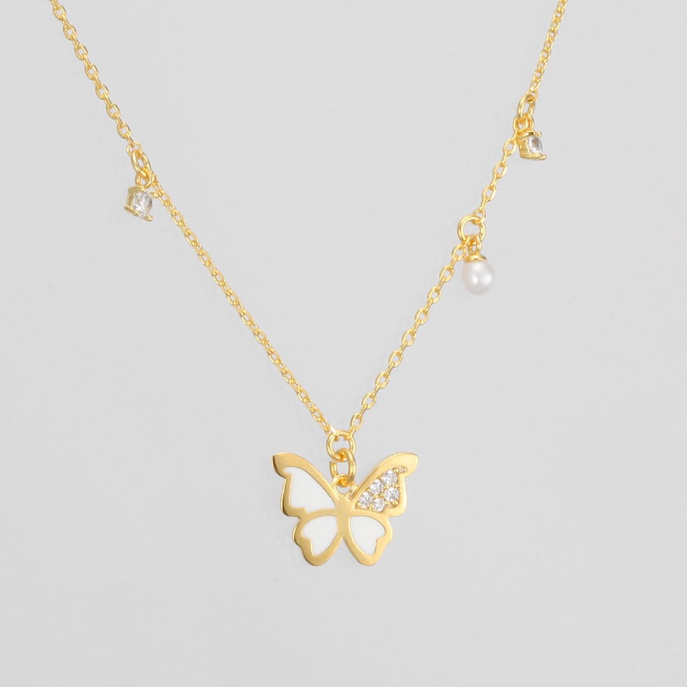 Butterfly Enamel CZ Stone Pearl Charm Necklace