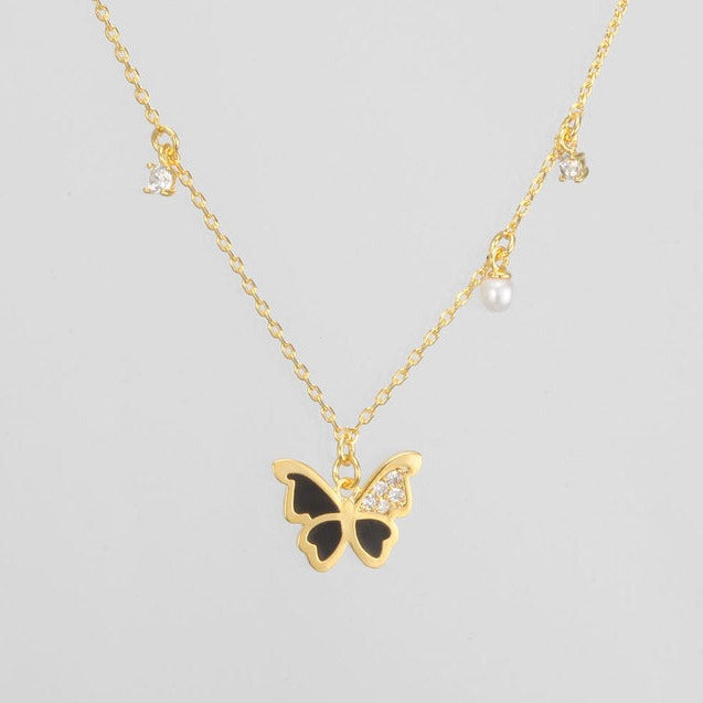 Butterfly Enamel CZ Stone Pearl Charm Necklace