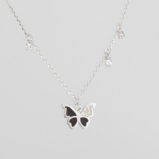 Butterfly Enamel CZ Stone Pearl Charm Necklace