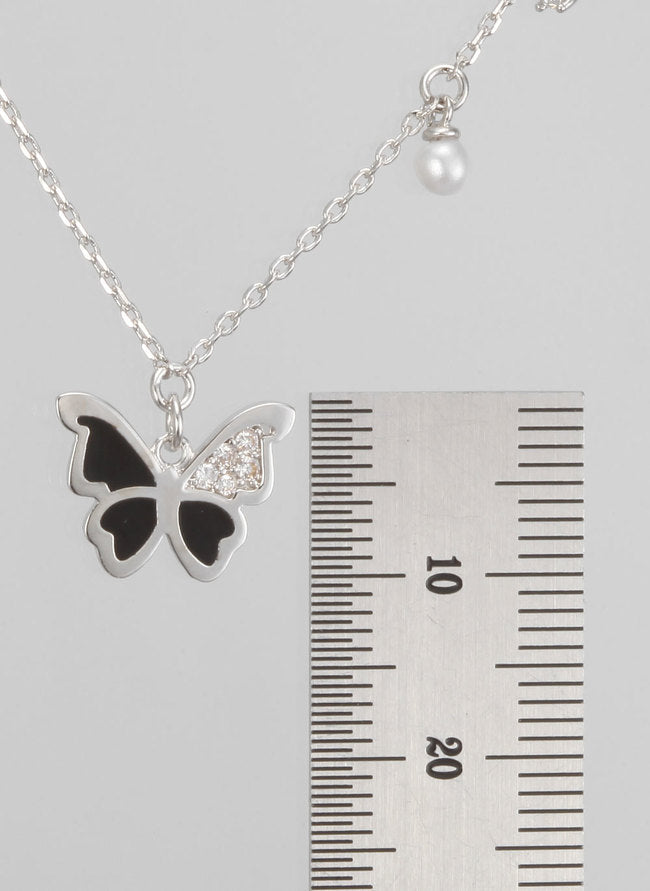 Butterfly Enamel CZ Stone Pearl Charm Necklace