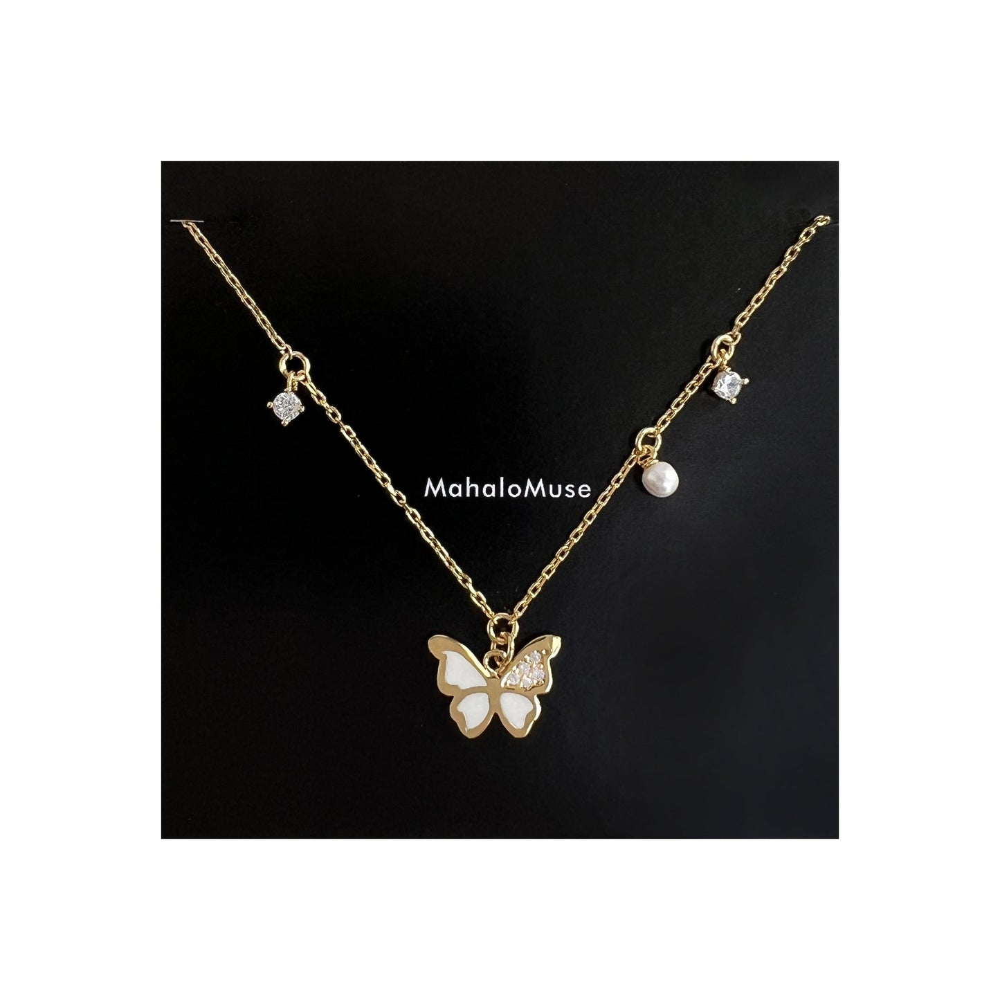 Butterfly Enamel CZ Stone Pearl Charm Necklace