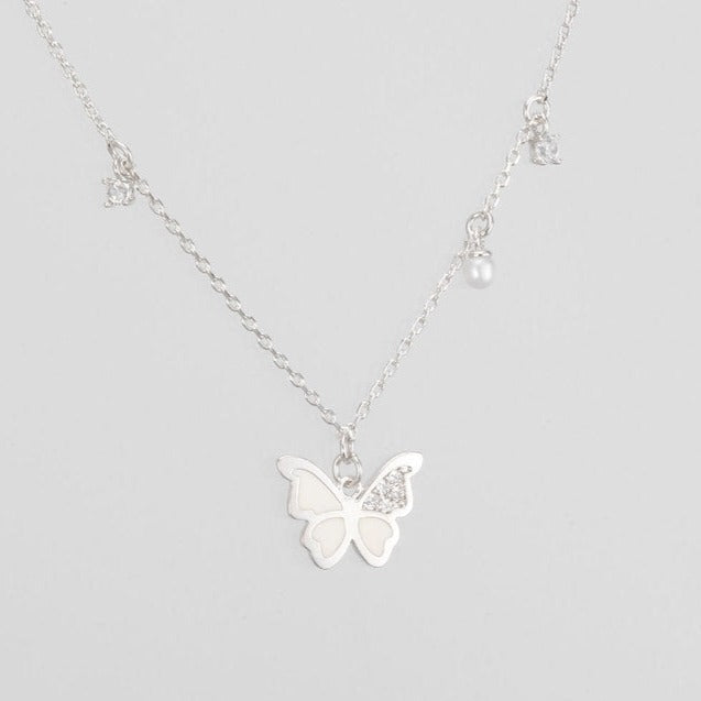 Butterfly Enamel CZ Stone Pearl Charm Necklace