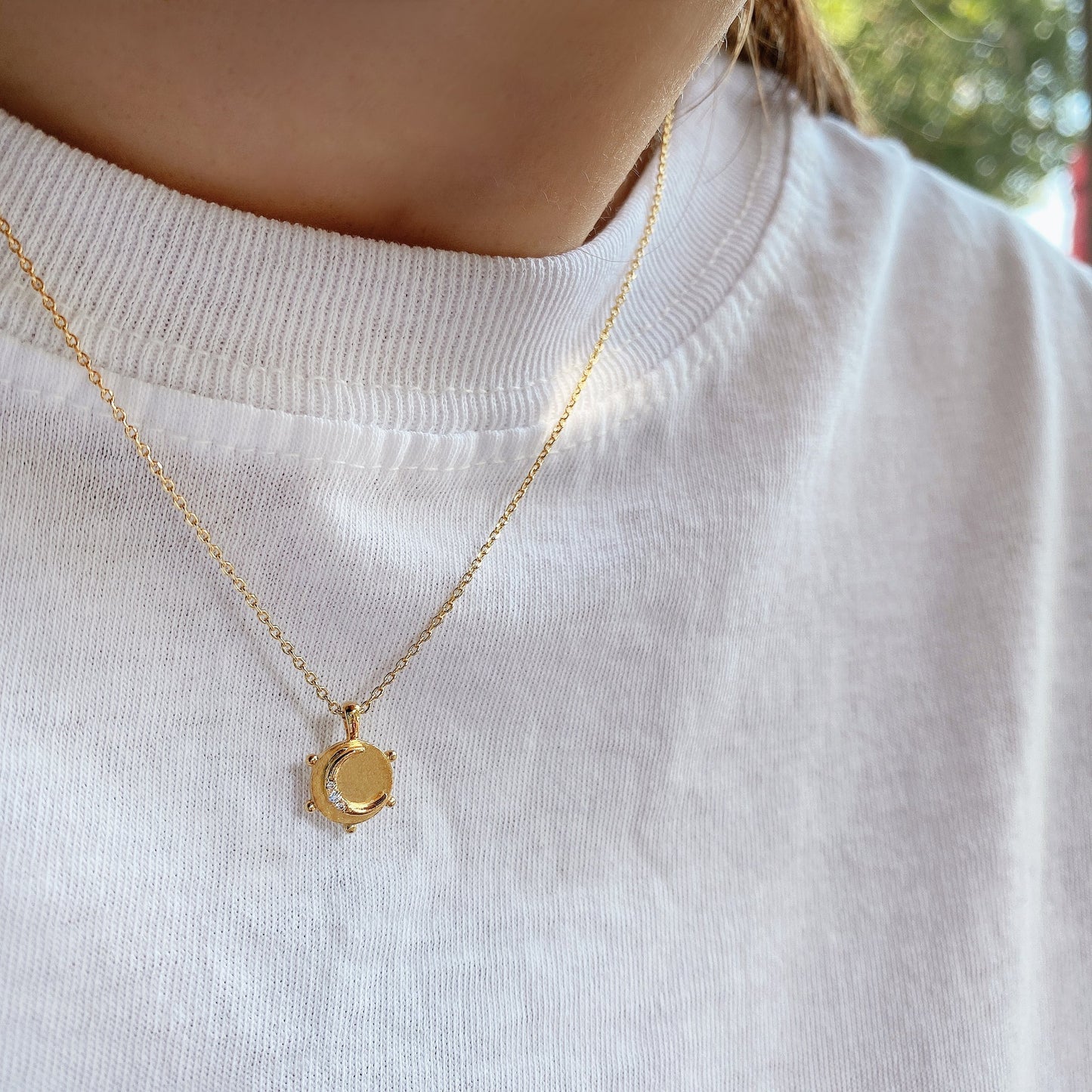 Tiny Coin Disk Crescent Moon CZ Necklace