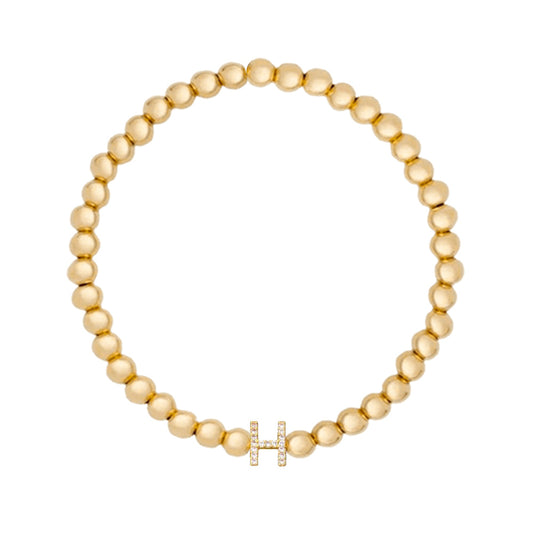 Gold Ball Beaded Bracelet Initial Cubic Zirconia