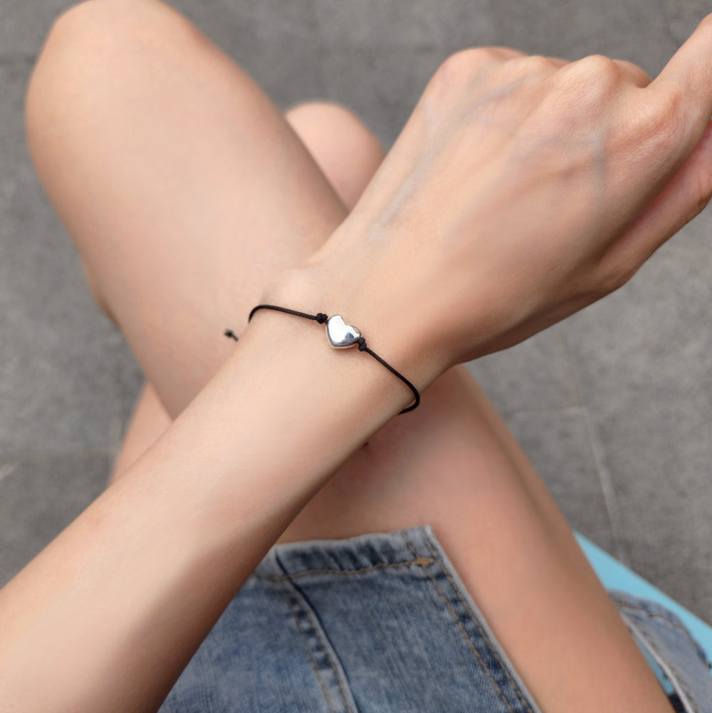 Heart Solid 925 Silver Ball Black Cord Bracelet