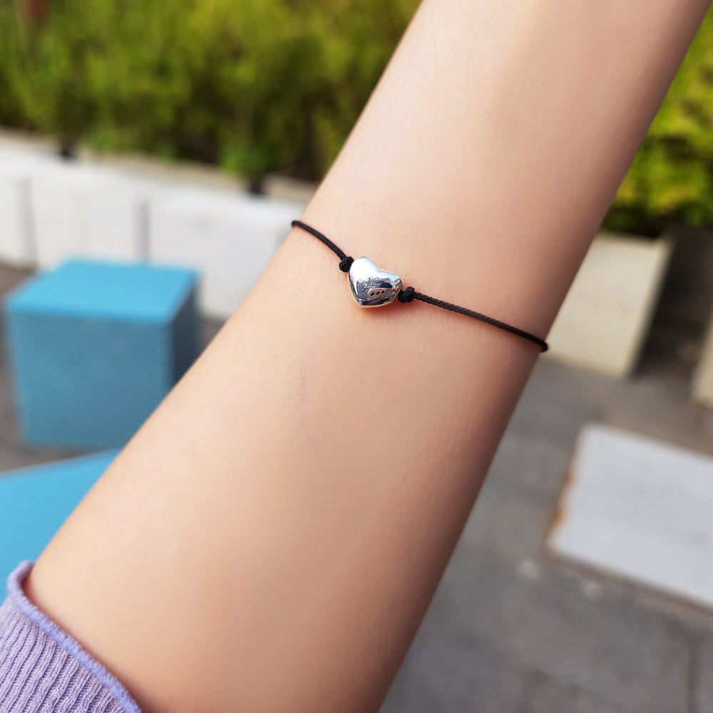 Heart Solid 925 Silver Ball Black Cord Bracelet