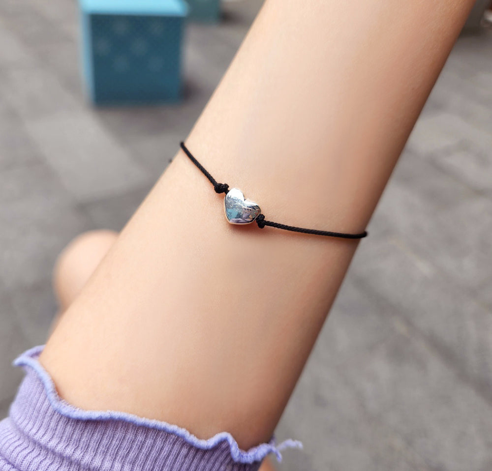 Heart Solid 925 Silver Ball Black Cord Bracelet
