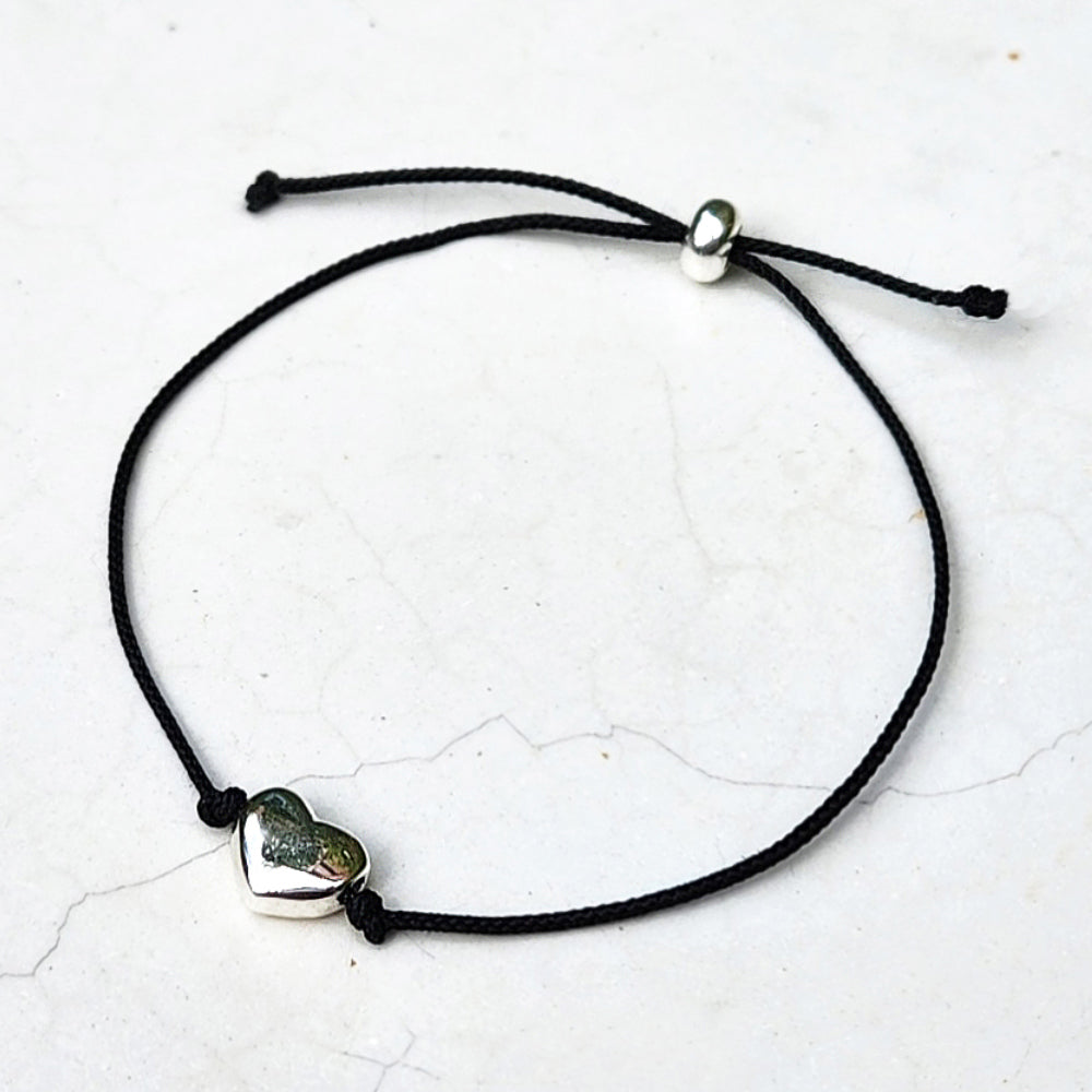 Heart Solid 925 Silver Ball Black Cord Bracelet