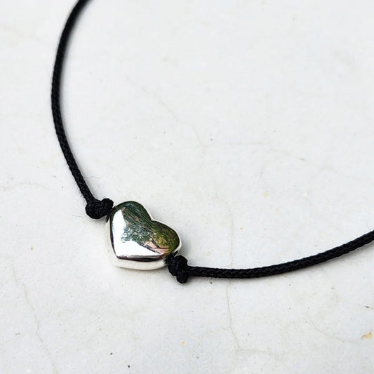 Heart Solid 925 Silver Ball Black Cord Bracelet