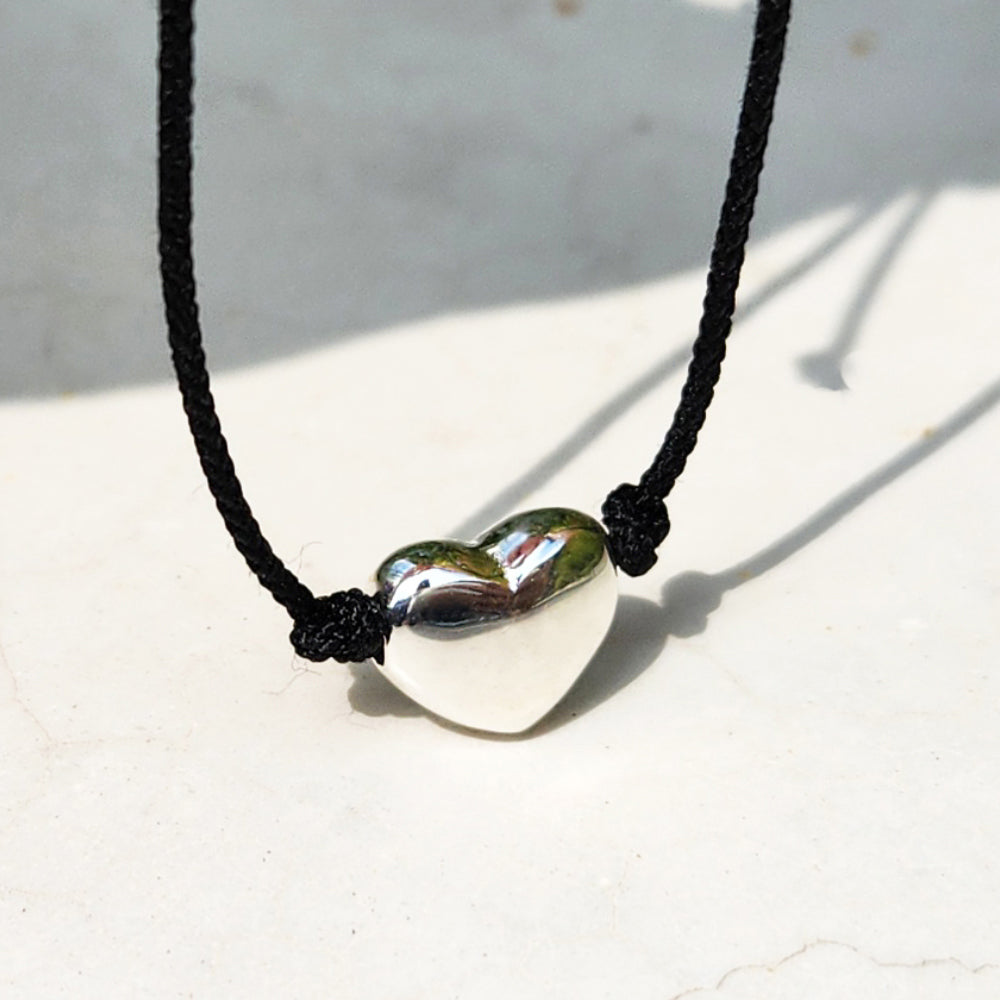 Heart Solid 925 Silver Ball Black Cord Bracelet