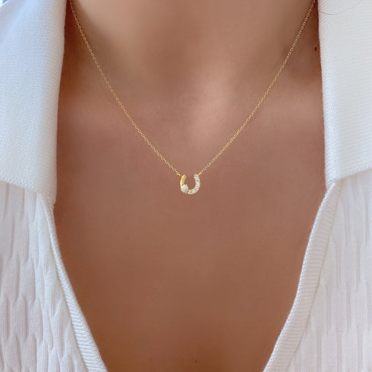 Horseshoe Opal Stud Stone CZ Necklace