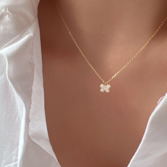 Butterfly CZ Round Tiny Pendant Necklace