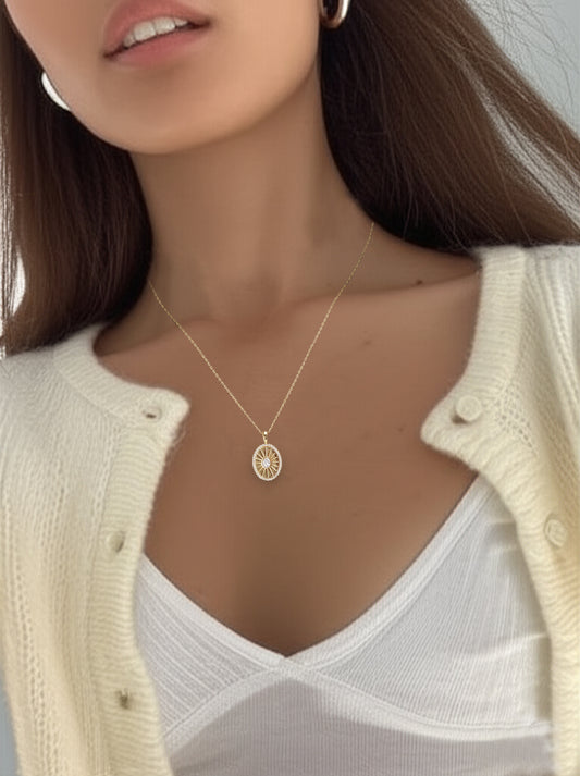 Oval Burst CZ Disc Pendant Necklace