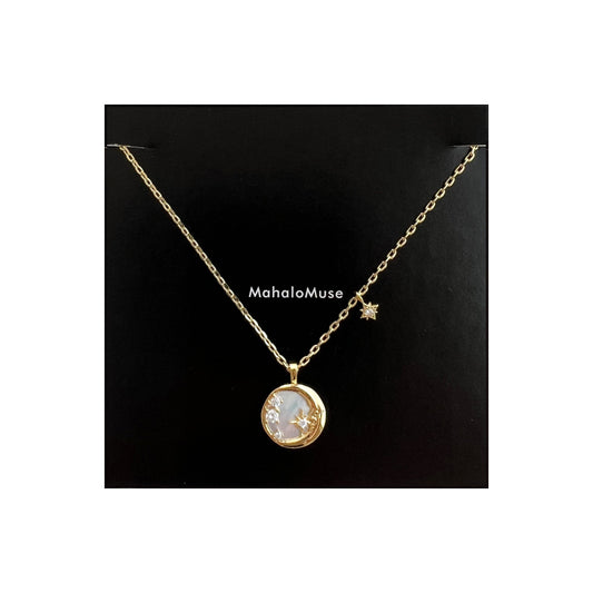 Crescent Moon Shell Plate Disc coin Charm Necklace